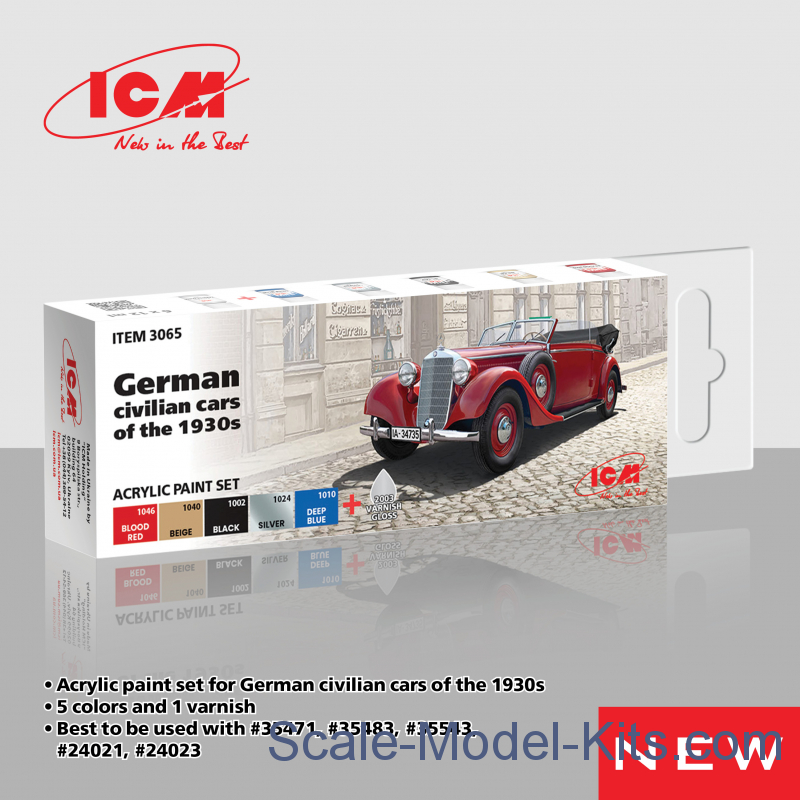 Acrylic paint set for German civilian cars of the 1930s, 6 pcsICM